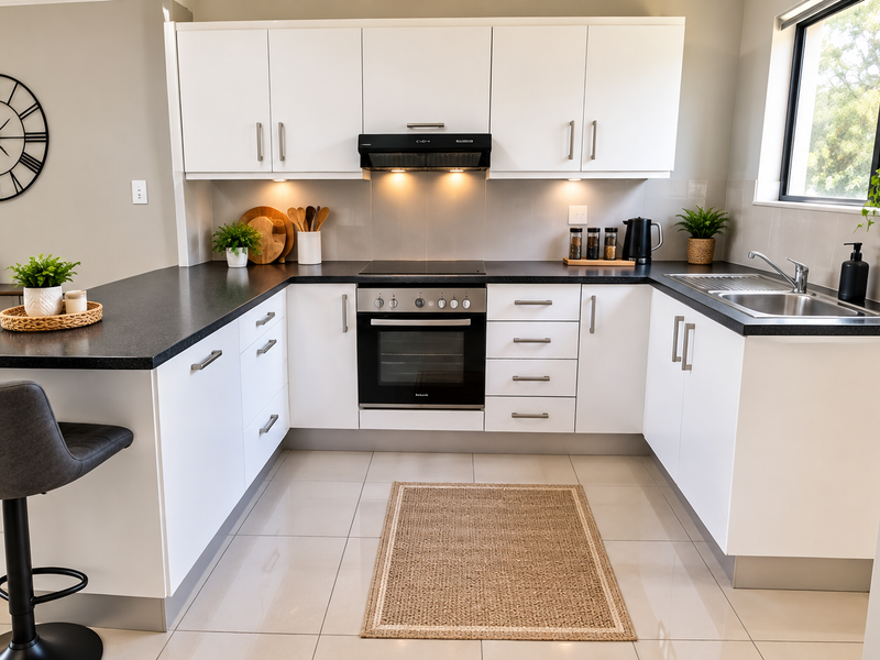 Modern kitchen featuring white cabinetry, dark countertops, integrated oven and hob, and tiled flooring with a breakfast bar area.