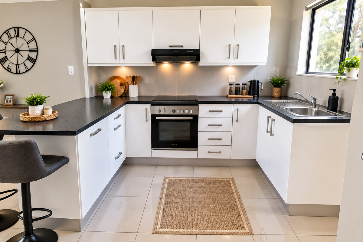 Modern kitchen featuring white cabinetry, dark countertops, integrated oven and hob, and tiled flooring with a breakfast bar area.