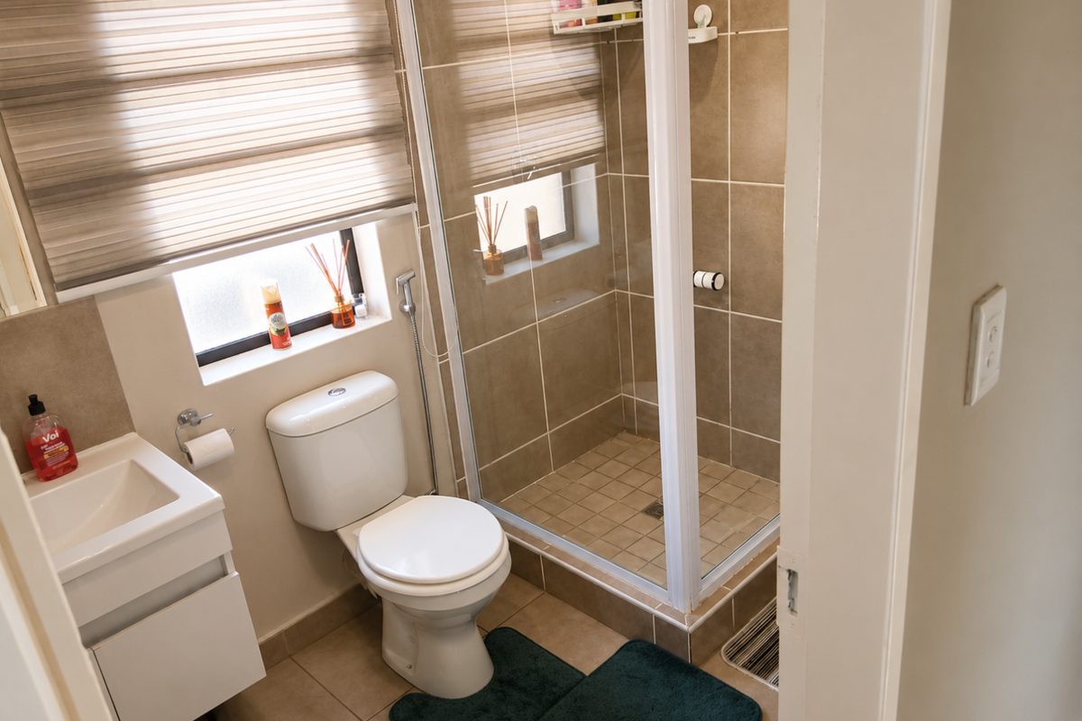 A compact, well-maintained bathroom featuring a modern vanity, a standard toilet, and a glass-enclosed shower with neutral wall tiling.