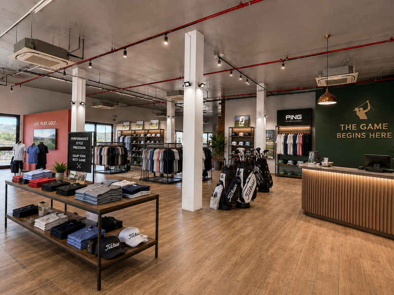 A well-maintained retail golf shop featuring open-plan layout, wood-look tile flooring, exposed industrial ceiling elements, and a professional built-in reception counter.