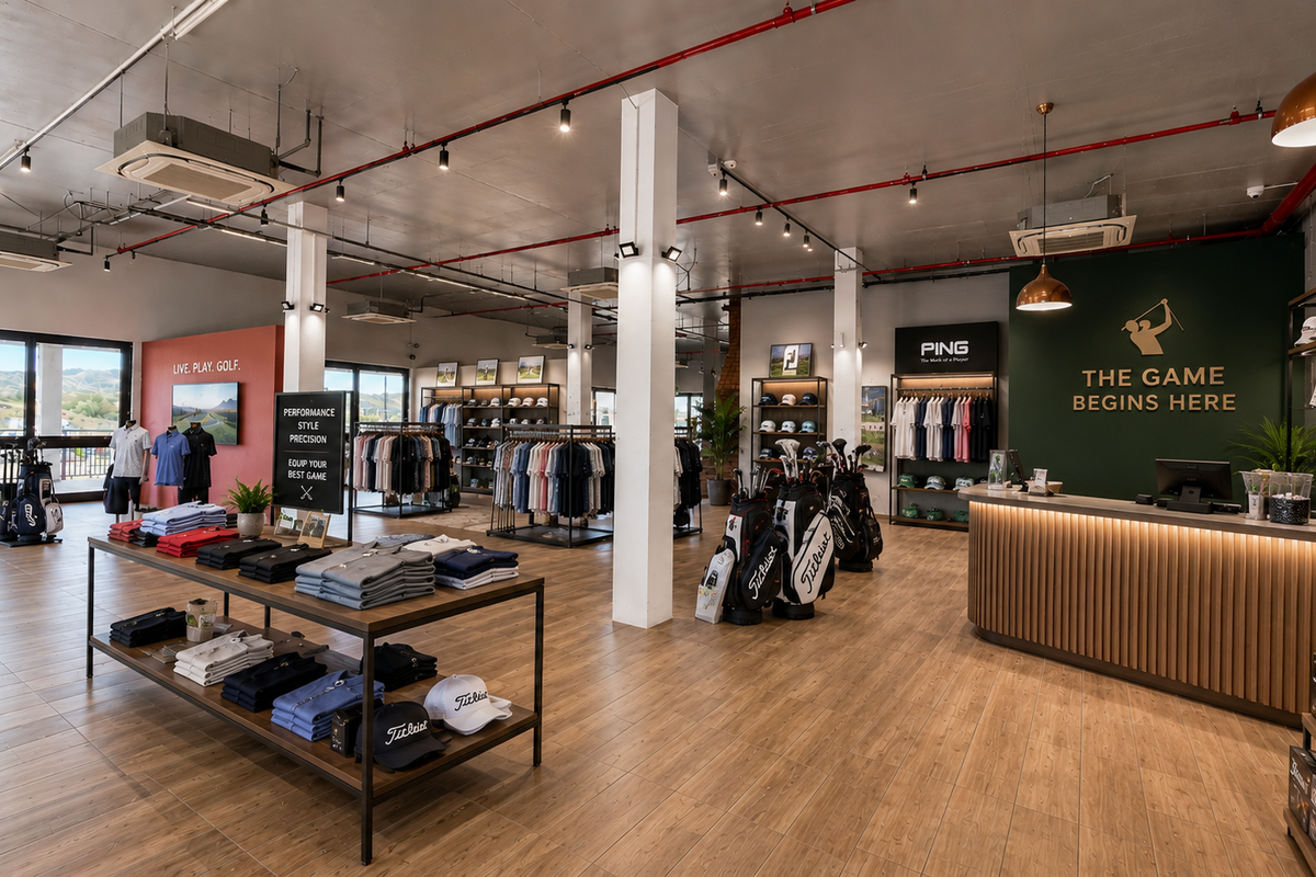 A well-maintained retail golf shop featuring open-plan layout, wood-look tile flooring, exposed industrial ceiling elements, and a professional built-in reception counter.