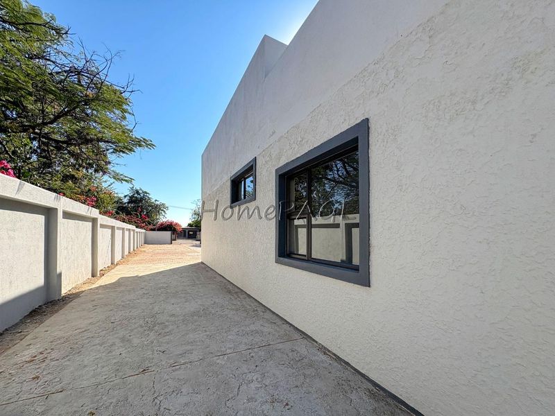 Side view of the property showing a concrete driveway, boundary wall, and modern dark-framed windows against a white textured exterior finish.