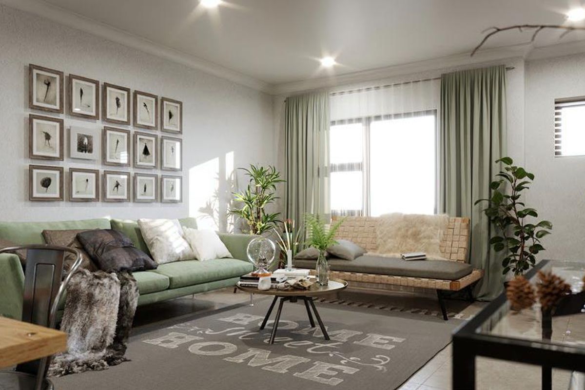 A bright and well-maintained living room featuring recessed downlighting, tiled flooring, and large windows with integrated curtain tracks.