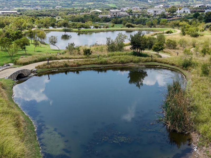 An aerial view of the residential estate featuring landscaped ponds, a stone bridge, and walking paths set within a natural green environment.