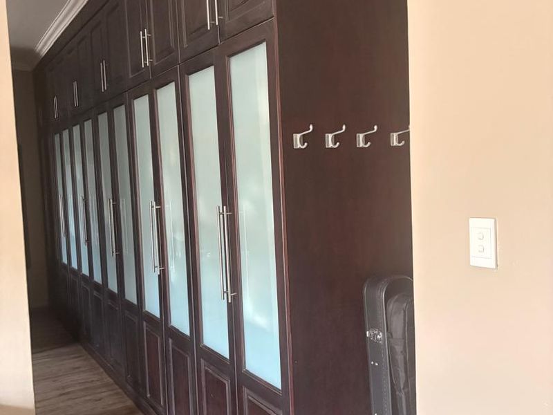 A spacious hallway featuring extensive dark wood built-in cabinetry with frosted glass inserts and modern laminate flooring.