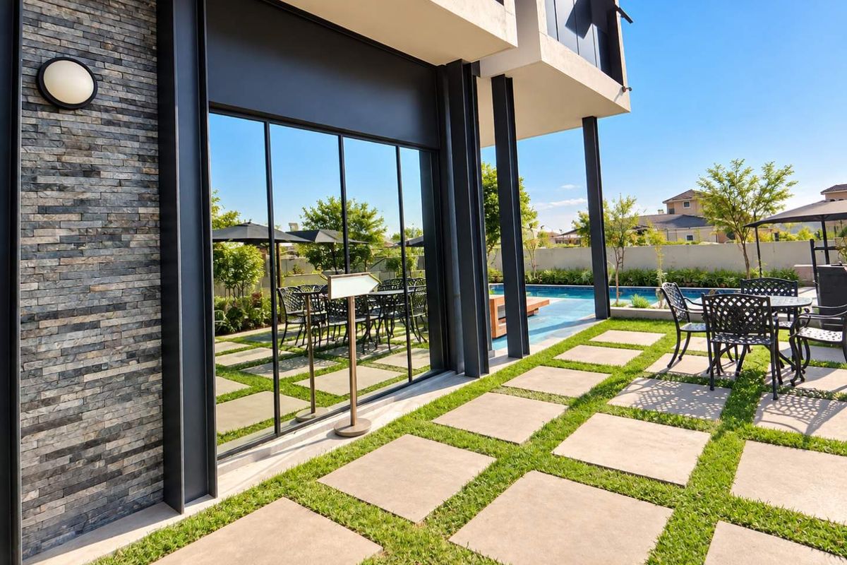 Modern rear exterior featuring stone cladding, large sliding glass doors, a paved patio area, and a swimming pool in a landscaped garden setting.