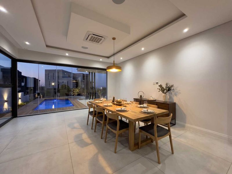 Modern dining room featuring large format floor tiles, recessed ceiling with downlights, ducted air conditioning, and floor-to-ceiling sliding glass doors overlooking the pool area.