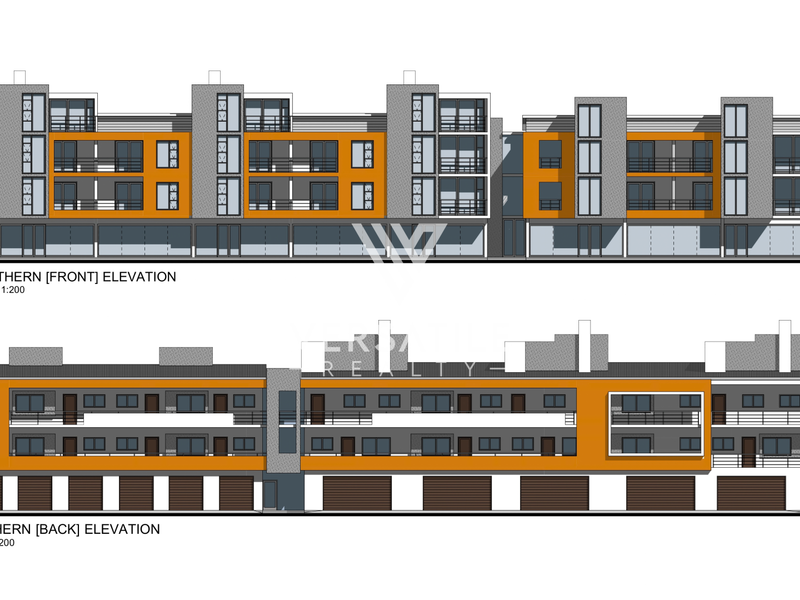 Architectural elevation drawings showing the northern front and southern back facades of a multi-level retail and residential building.