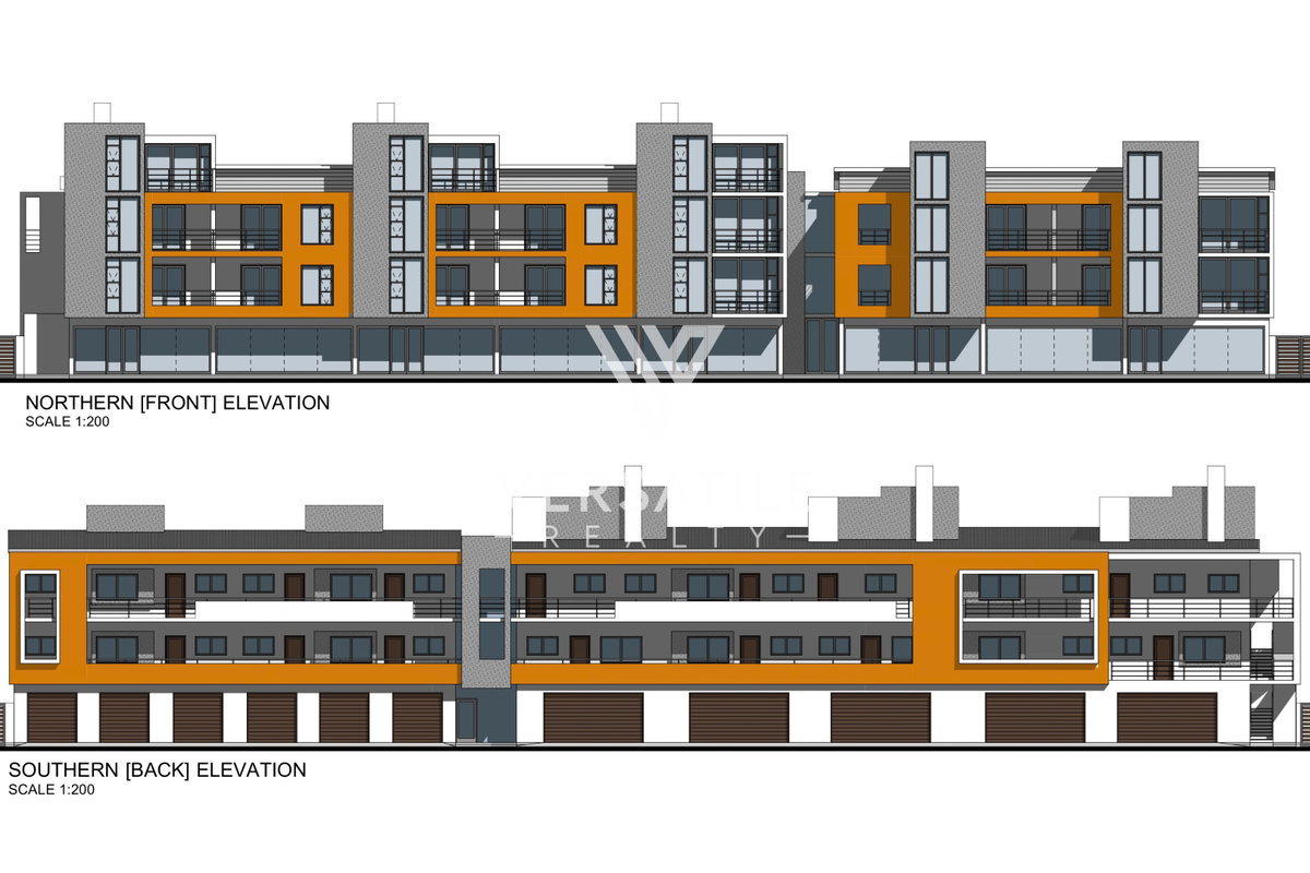 Architectural elevation drawings showing the northern front and southern back facades of a multi-level retail and residential building.