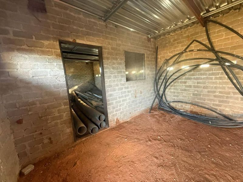 An unfinished utility space featuring exposed brick walls, a corrugated metal roof, and an earth floor, suitable for storage or workshop conversion.