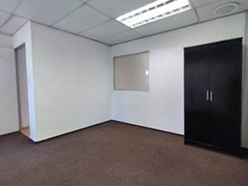 A clean, empty office space featuring neutral walls, carpeted flooring, and a suspended ceiling with integrated lighting.