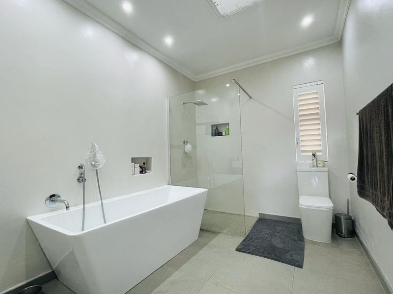 Modern bathroom featuring a sleek freestanding bathtub, a spacious walk-in shower with glass screen, wall-mounted toilet, and natural light from a skylight.