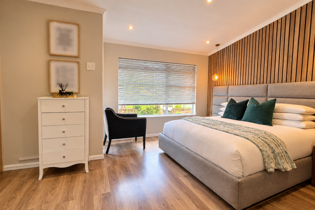 A modern, well-maintained bedroom featuring a stylish timber slat accent wall, recessed downlighting, and durable laminate flooring with natural light from the window.