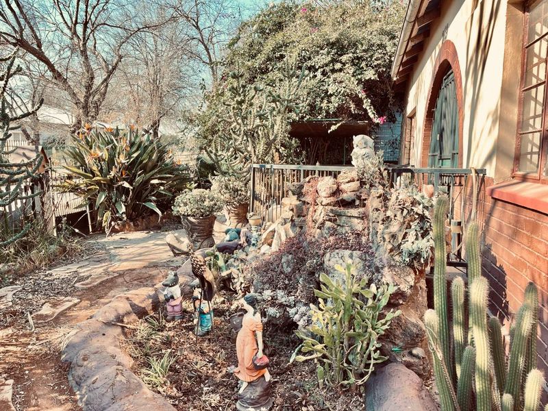 A landscaped garden area featuring a rockery, established cacti, and a brick exterior facade with an arched entrance.