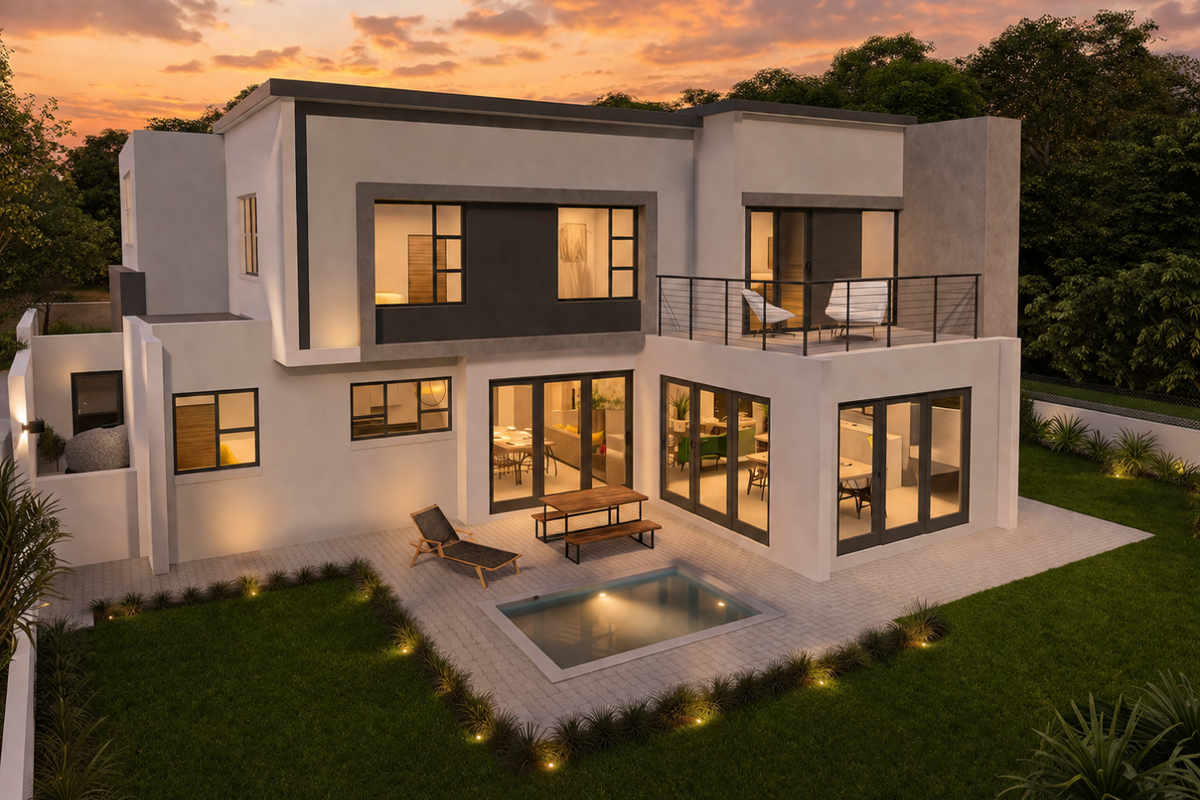 Modern two-story residence featuring a rear patio, swimming pool, landscaped garden, and an upper-level balcony with glass sliding doors.