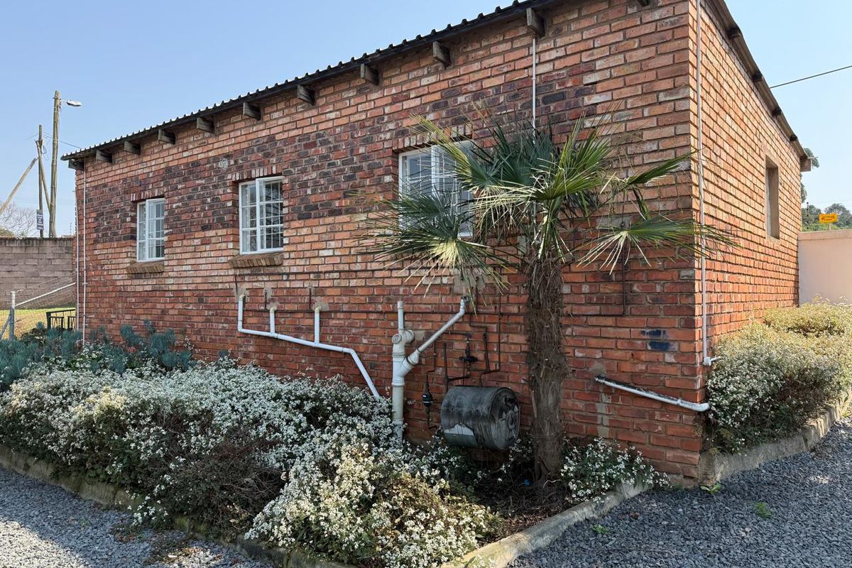 Side view of a brick building featuring exposed external plumbing, a geyser, and casement windows set against a landscaped garden bed.