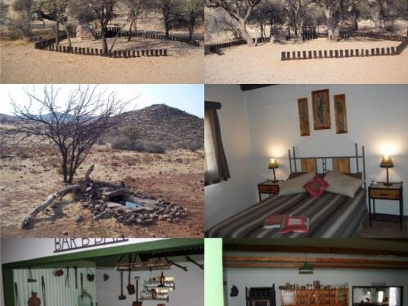 A collage of various property images including outdoor landscape areas, a bedroom, and a bar area on a farm property.