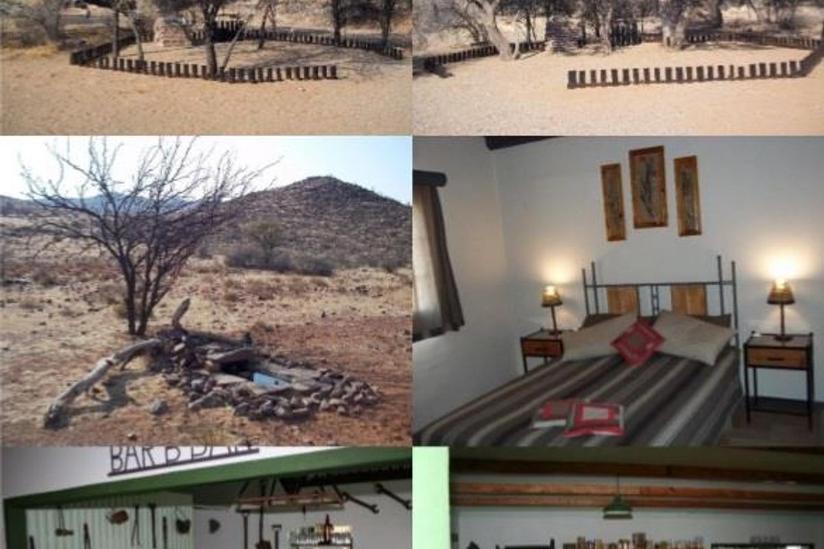 A collage of various property images including outdoor landscape areas, a bedroom, and a bar area on a farm property.
