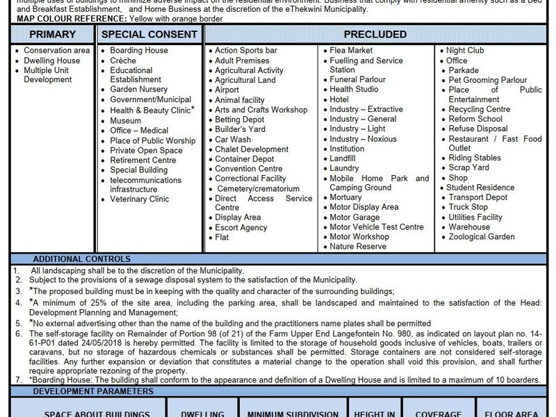 A zoning and development parameter document for a residential property, outlining permitted uses, special consent requirements, and building restrictions.
