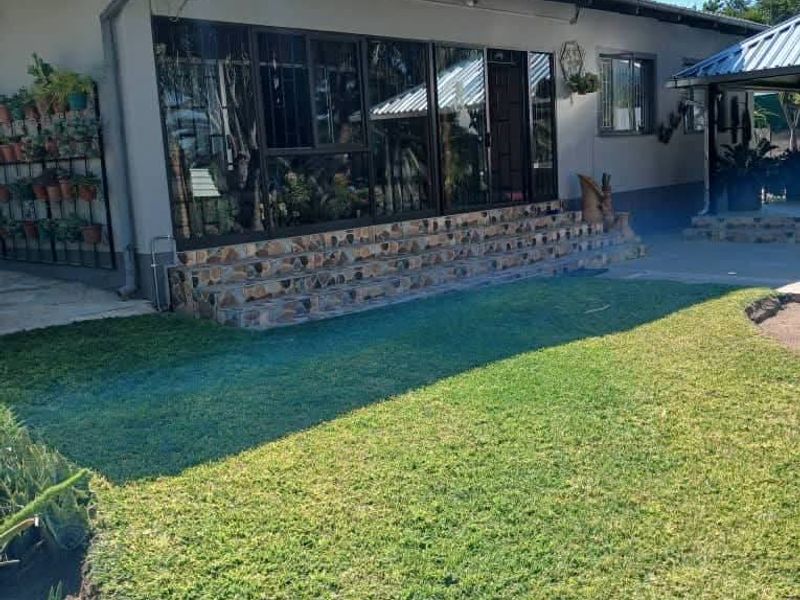 Rear view of the property featuring a lawn, stone-clad steps, and large aluminium sliding doors leading into the home.