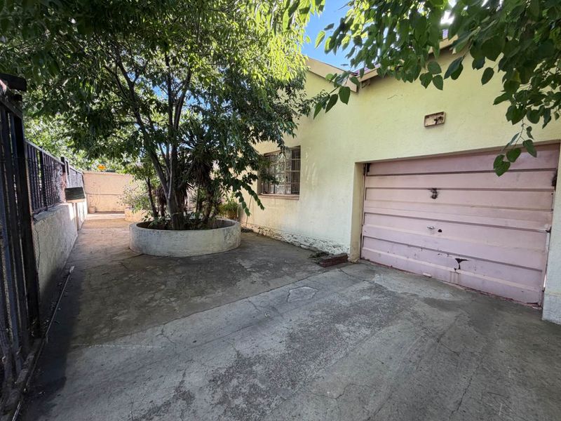 Exterior view of the property featuring a concrete driveway, a single garage with a metal door, and a mature tree in a raised planter.