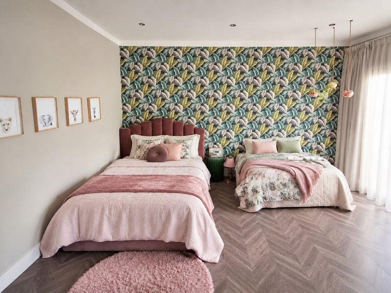 A well-appointed bedroom featuring stylish herringbone flooring, recessed lighting, and a bold botanical feature wall, creating a warm and inviting atmosphere.