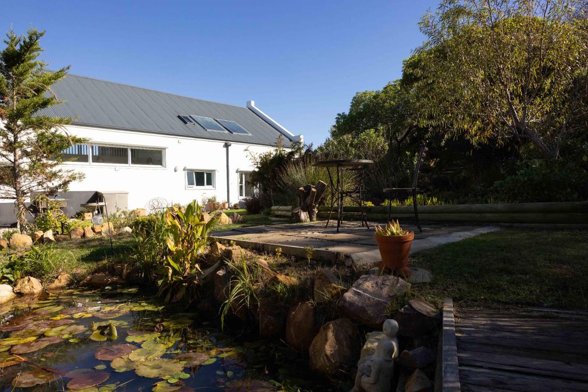 A peaceful rear garden featuring a stone-edged pond, paved patio area, and a well-maintained white house with a metal roof and solar panels.