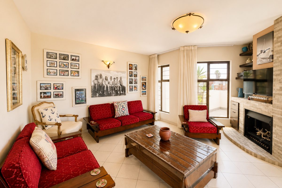 A comfortable living room featuring a built-in fireplace with stone cladding, tiled flooring, and large windows providing natural light and access to a patio.