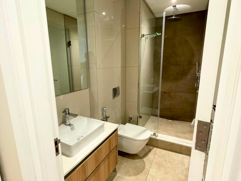 Modern bathroom featuring a wall-mounted toilet, glass-enclosed shower with rain head, and a contemporary vanity with a vessel sink.