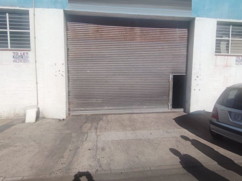 Industrial unit exterior featuring a large roller shutter door with integrated pedestrian access, concrete driveway, and visible signage for leasing.