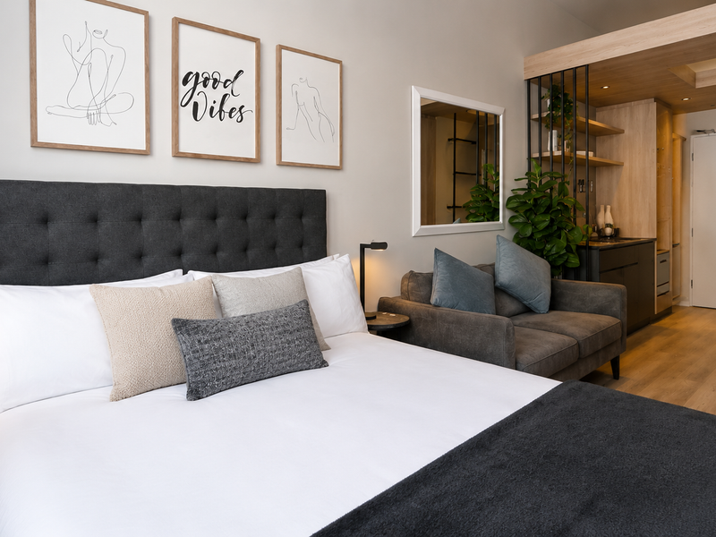 Modern bedroom featuring high-quality timber flooring, built-in cabinetry, and integrated shelving with recessed lighting, creating a clean and contemporary living space.