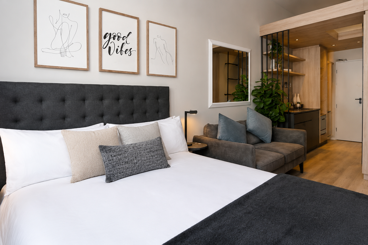 Modern bedroom featuring high-quality timber flooring, built-in cabinetry, and integrated shelving with recessed lighting, creating a clean and contemporary living space.