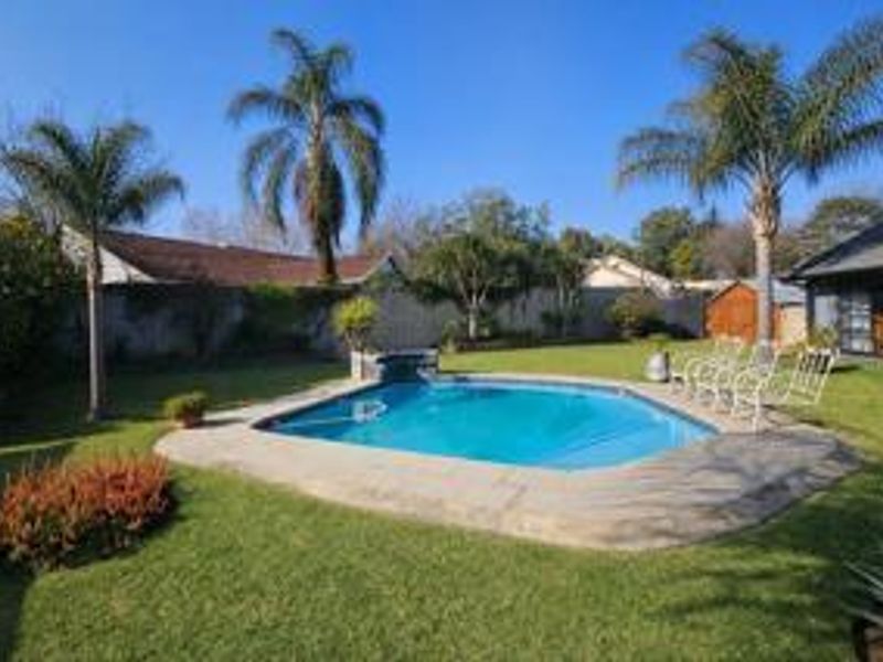 A backyard area featuring a swimming pool with surrounding paving and a well-maintained garden with mature palm trees.