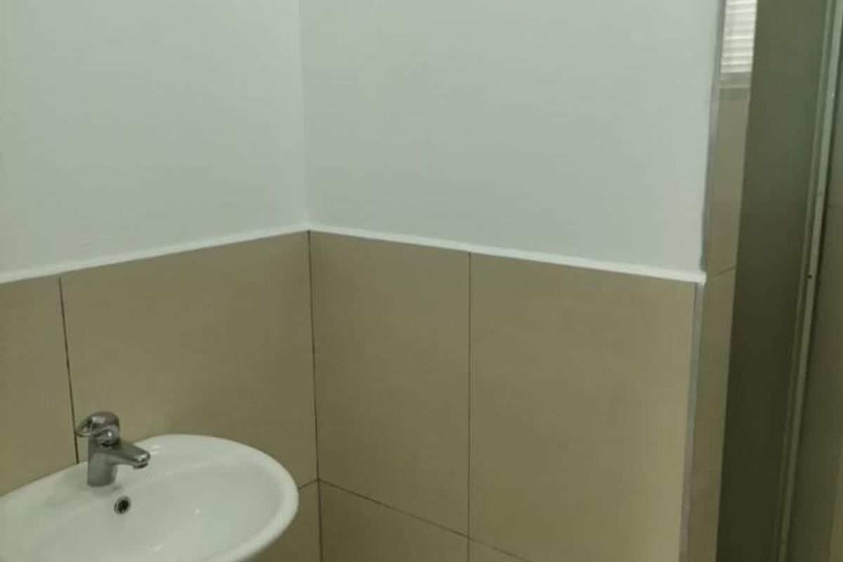 A clean, modern bathroom featuring a pedestal basin with a mixer tap, tiled walls, and a glass-enclosed shower area.