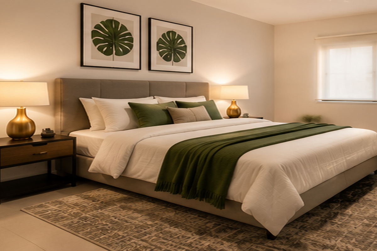 A well-appointed bedroom featuring neutral wall finishes, tiled flooring, and a fitted roller blind for privacy.