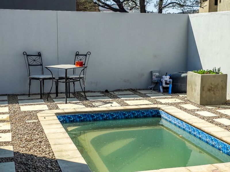Small plunge pool area featuring a paved surround, gravel landscaping, and a boundary wall, requiring maintenance to improve water clarity.