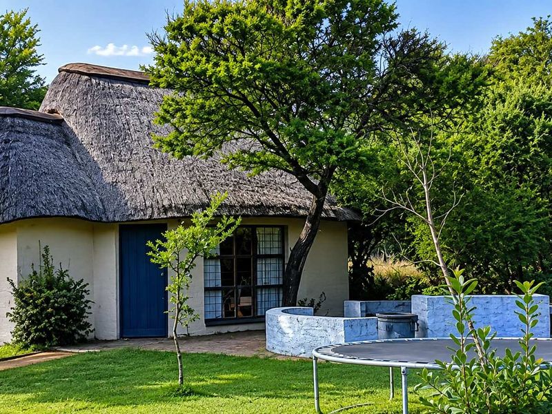 A charming thatched-roof cottage set in a lush garden, featuring a paved patio area with a built-in outdoor braai facility.