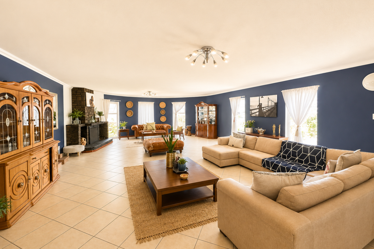 Spacious living room featuring a stone-clad fireplace, tiled flooring, and large windows that provide ample natural light.