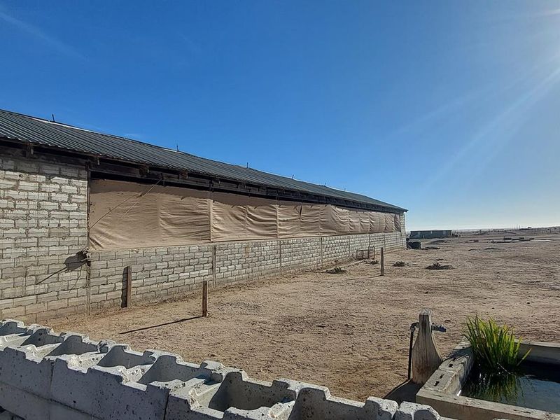 Exterior view of a large agricultural outbuilding featuring concrete block construction, corrugated metal roofing, and an adjacent water trough on the small holding.
