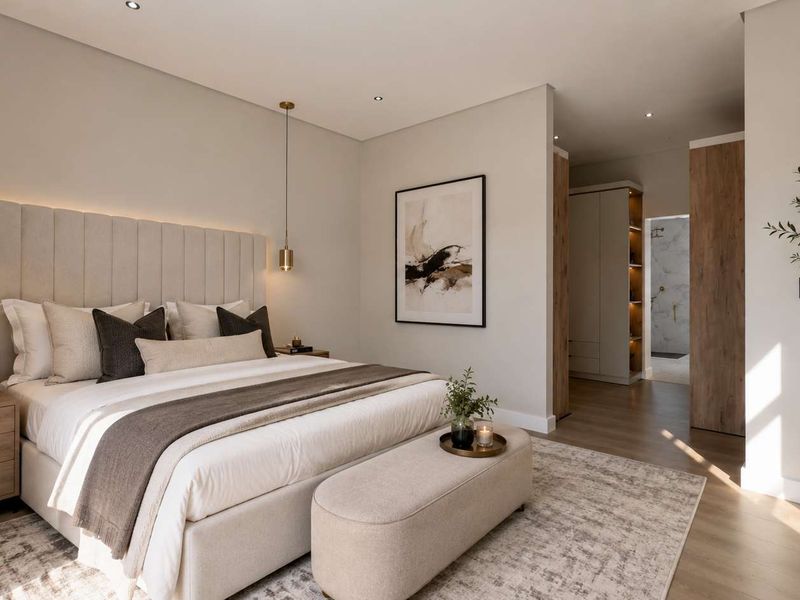 A modern, well-appointed bedroom featuring a custom upholstered headboard, recessed lighting, and integrated cabinetry leading to an en-suite bathroom.