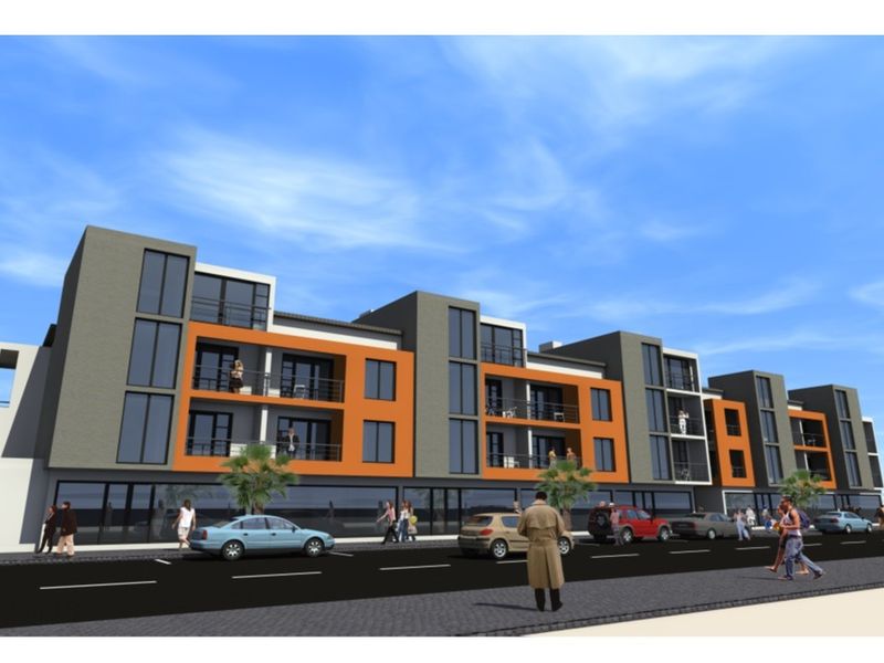 A digital architectural rendering of a modern multi-story apartment complex featuring a vibrant orange and grey facade with private balconies.