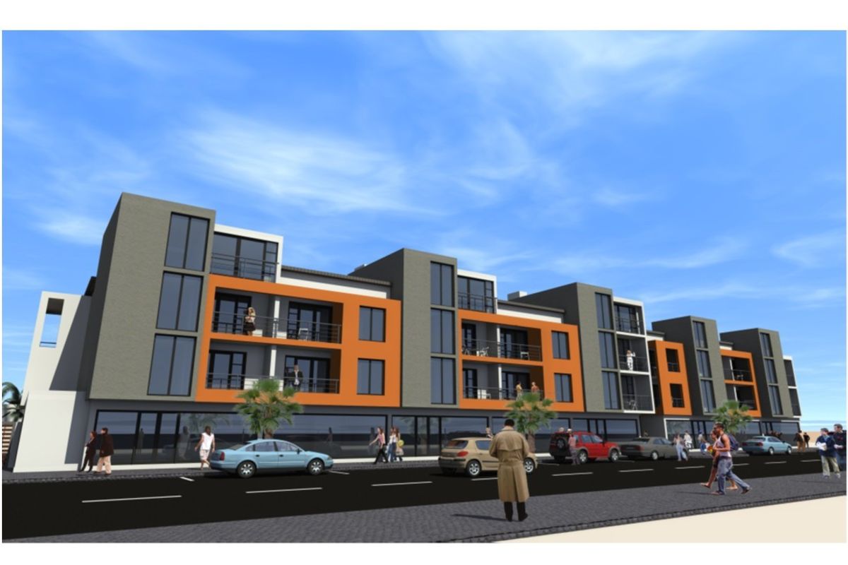 A digital architectural rendering of a modern multi-story apartment complex featuring a vibrant orange and grey facade with private balconies.