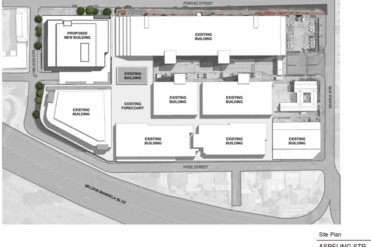 A site plan diagram illustrating the layout of existing buildings and a proposed new building development at the Aspeling Street property.