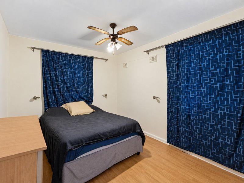 A functional bedroom featuring laminate flooring, a ceiling fan, and dual window treatments.