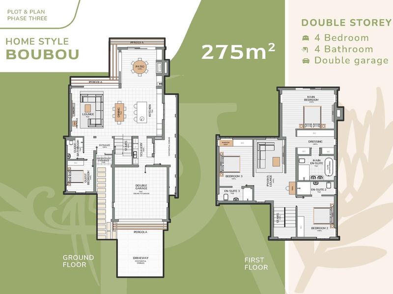 A detailed architectural floor plan for a 275m2 double-storey home featuring four bedrooms, four bathrooms, and a double garage.
