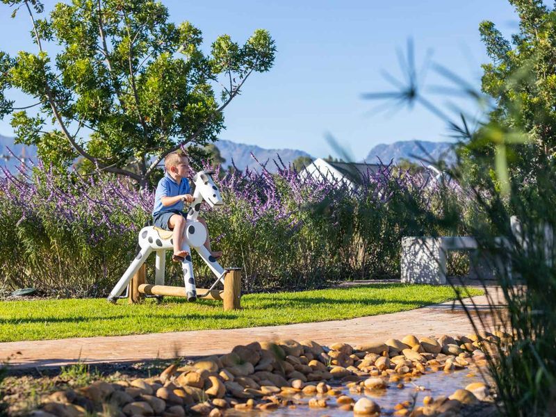 A well-maintained landscaped garden featuring mature trees, a stone pathway, and a stone bench, offering a serene outdoor environment.
