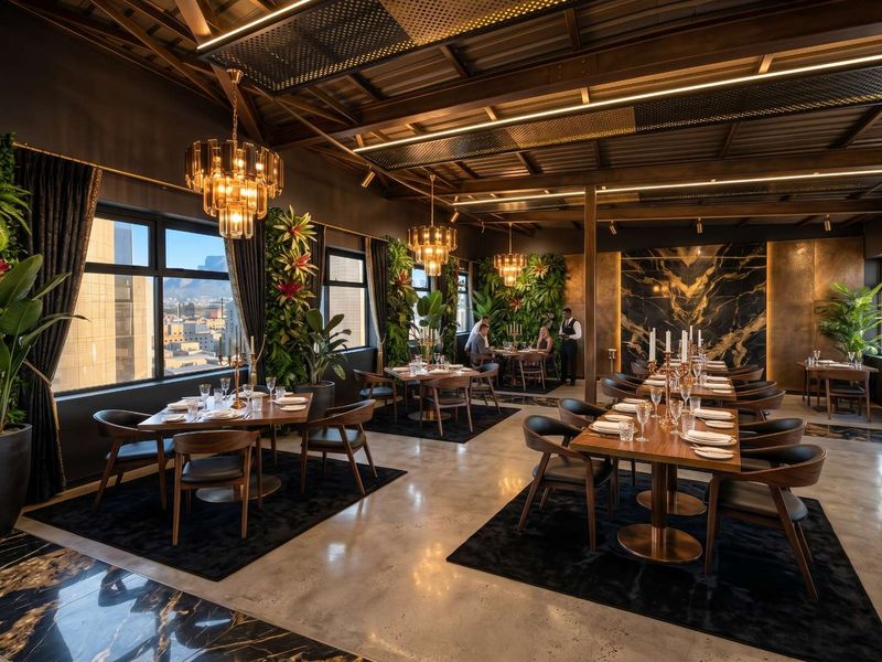 Elegant dining area featuring polished concrete floors, exposed industrial ceiling, and a striking marble feature wall with expansive city views.