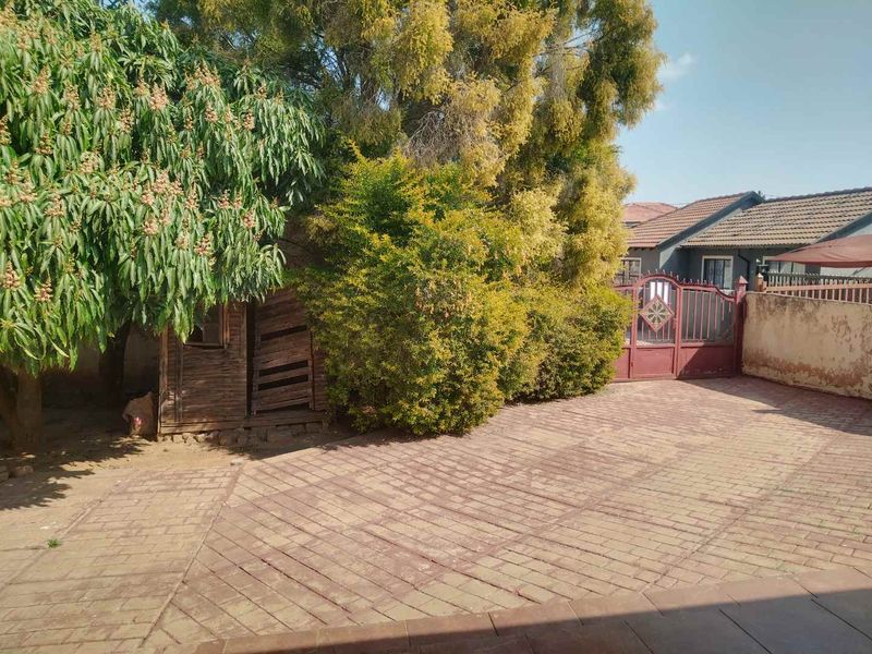 A paved rear courtyard area featuring a metal gate, boundary wall, and a small wooden storage shed surrounded by mature trees and shrubs.