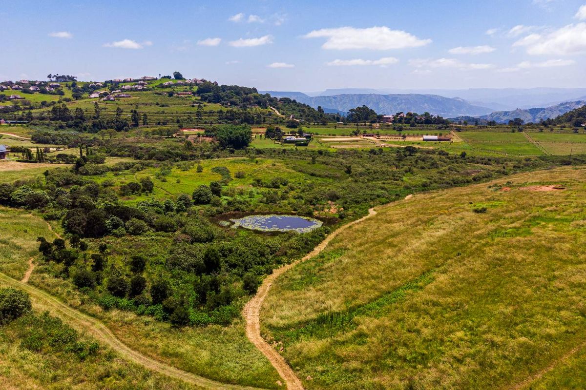 An aerial view of the expansive vacant residential land featuring natural vegetation, a small pond, and rolling hills in the surrounding landscape.