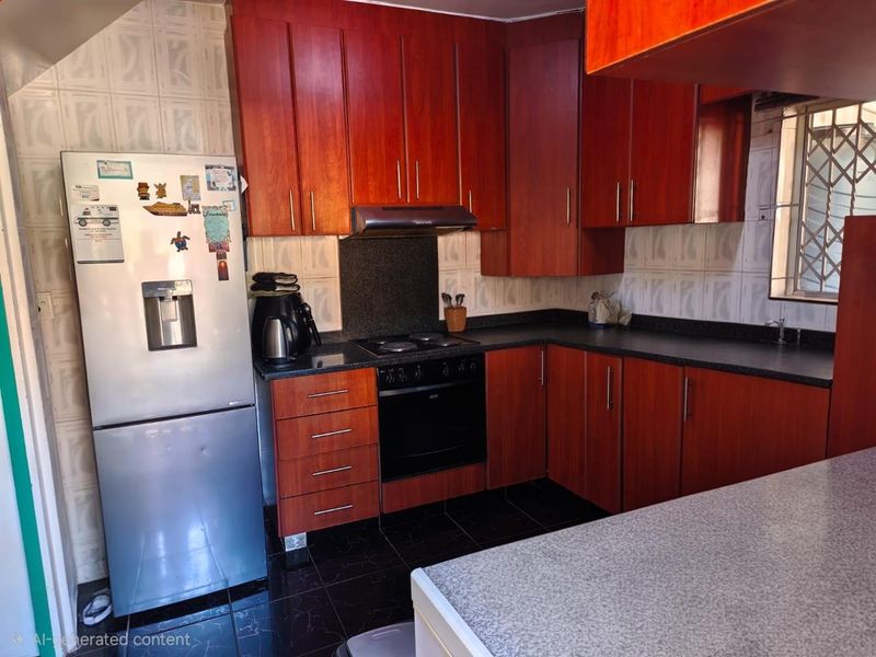 A functional kitchen featuring dark wood-look cabinetry, black countertops, built-in oven and hob, and tiled finishes throughout.